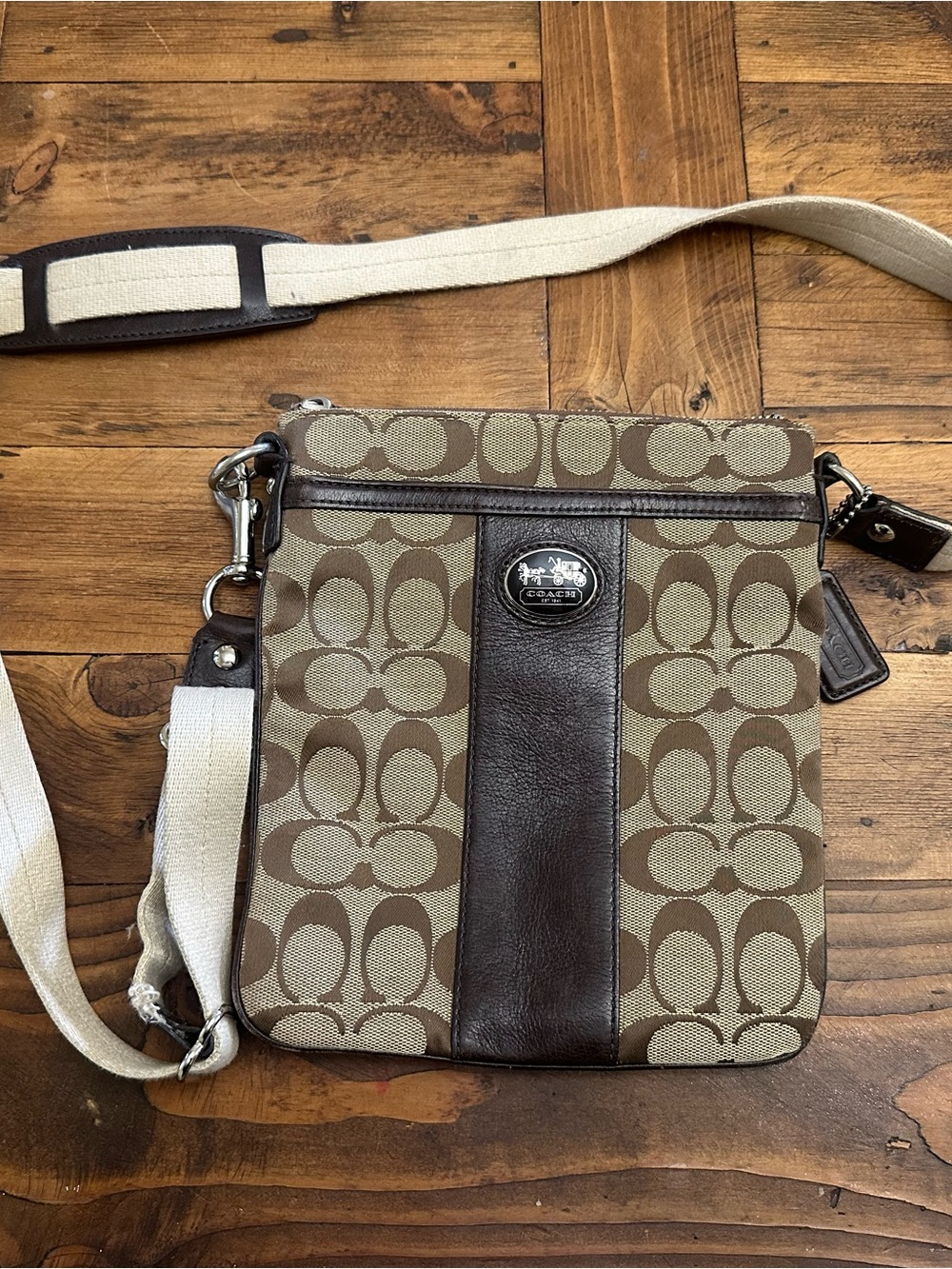 Coach Canvas Messenger Bag in Brown and Cream with Dark Brown Trim